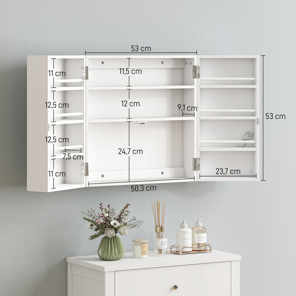 Wall-mounted medicine cabinet, medicine chest with lockable double door, 2 keys, 53x20x53cm, white