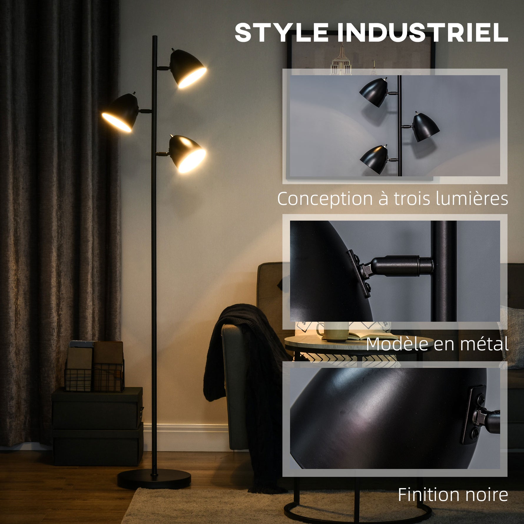 Lampadaire sur pied salon style industriel 3 abat-jours orientables en acier 38 x 28 x 169 cm noir