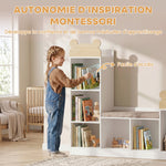 Bibliothèque Enfant, Meuble Rangement Enfant 3 en 1 avec Banc, 6 Compartiments, 2 Étagères, Coussin d'Assise, Blanc