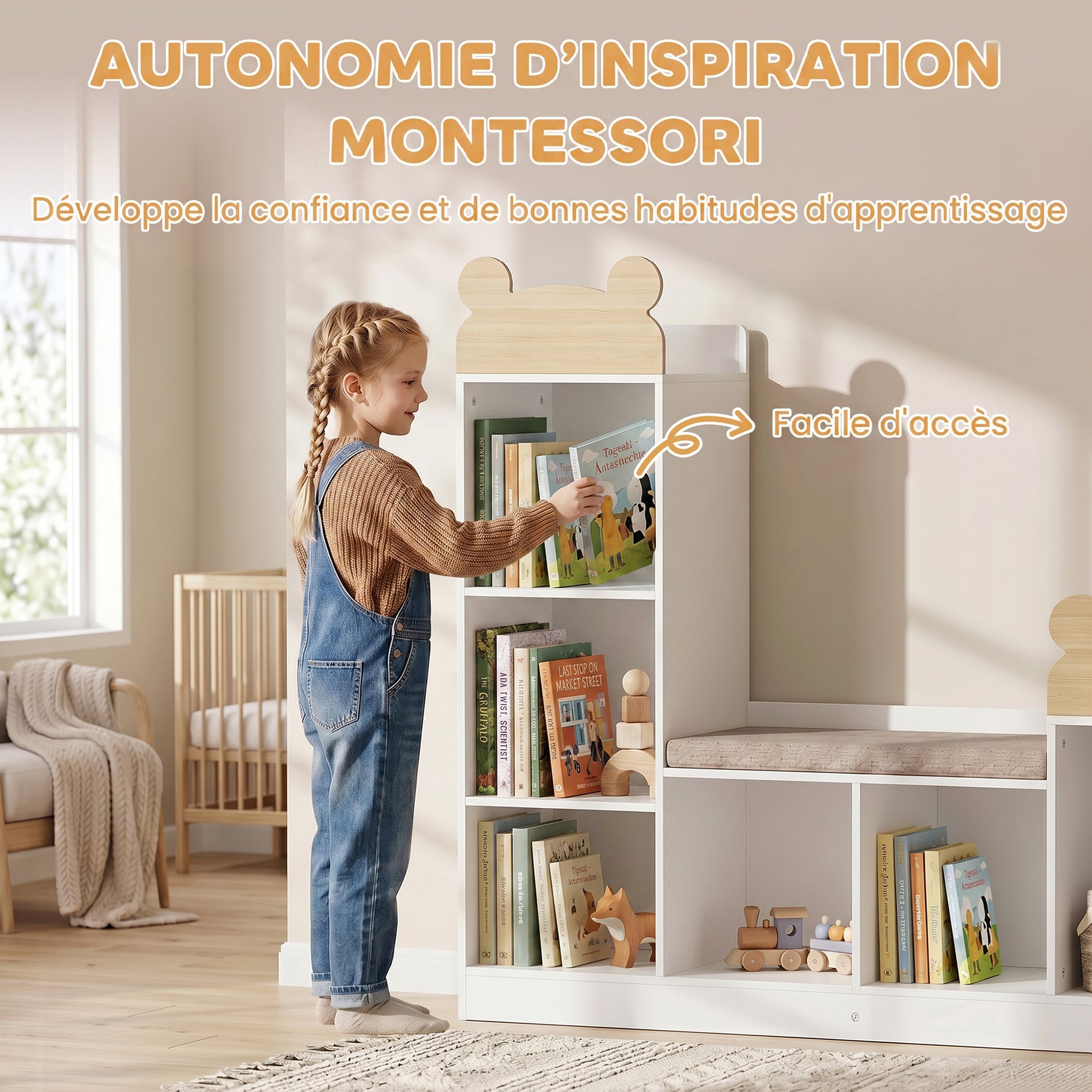 Bibliothèque Enfant, Meuble Rangement Enfant 3 en 1 avec Banc, 6 Compartiments, 2 Étagères, Coussin d'Assise, Blanc