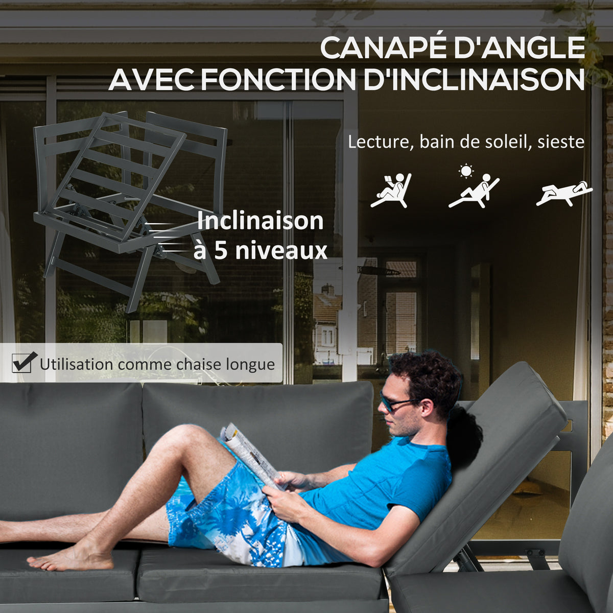 Ensemble salon de jardin d'angle et convertible 4 pièces avec 2 banquettes, 1 fauteuil d'angle et 1 table basse