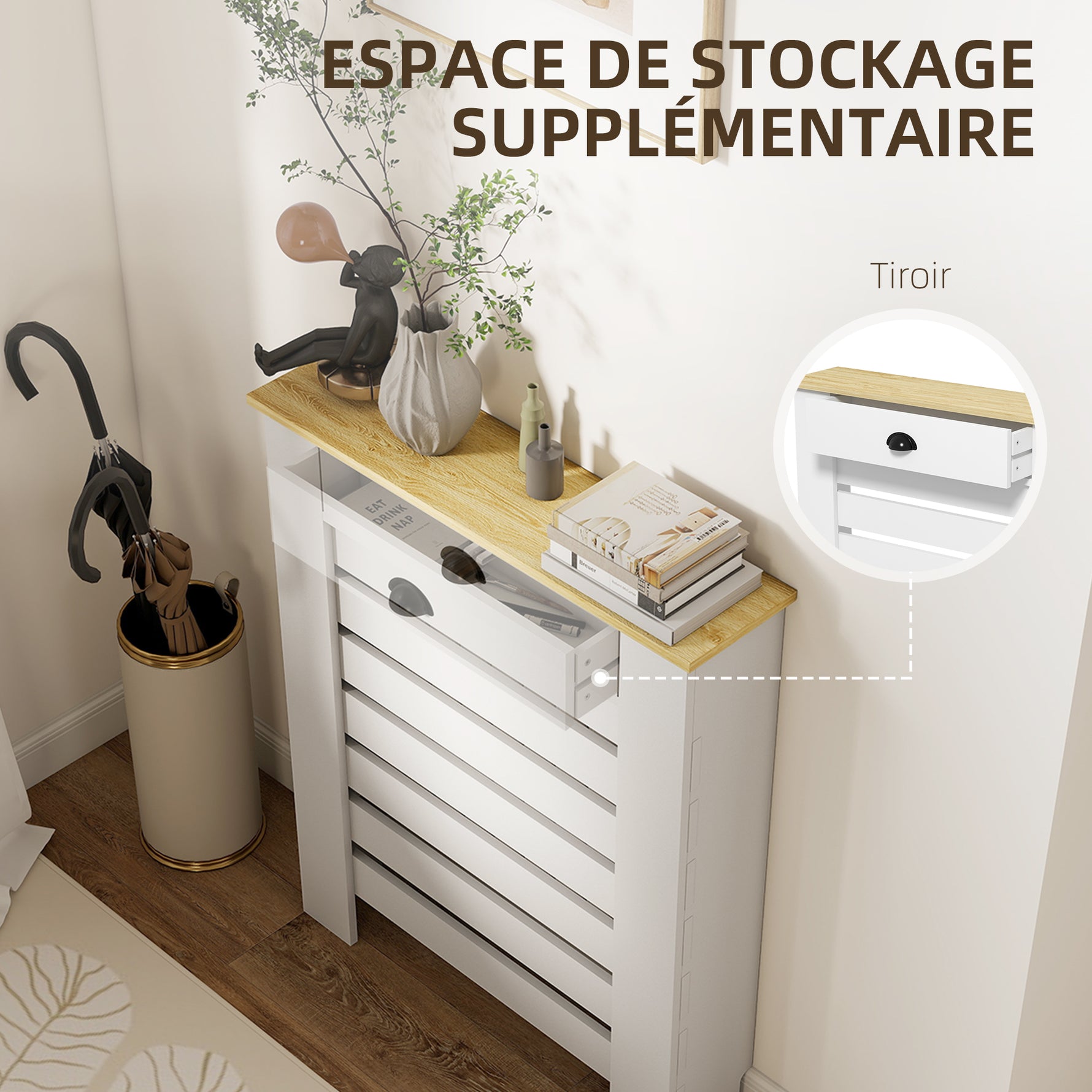Couvercle de radiateur cache radiateur grille à lattes horizontales avec 2 tiroirs en bois 78l x 19P x 95,5H cm blanc