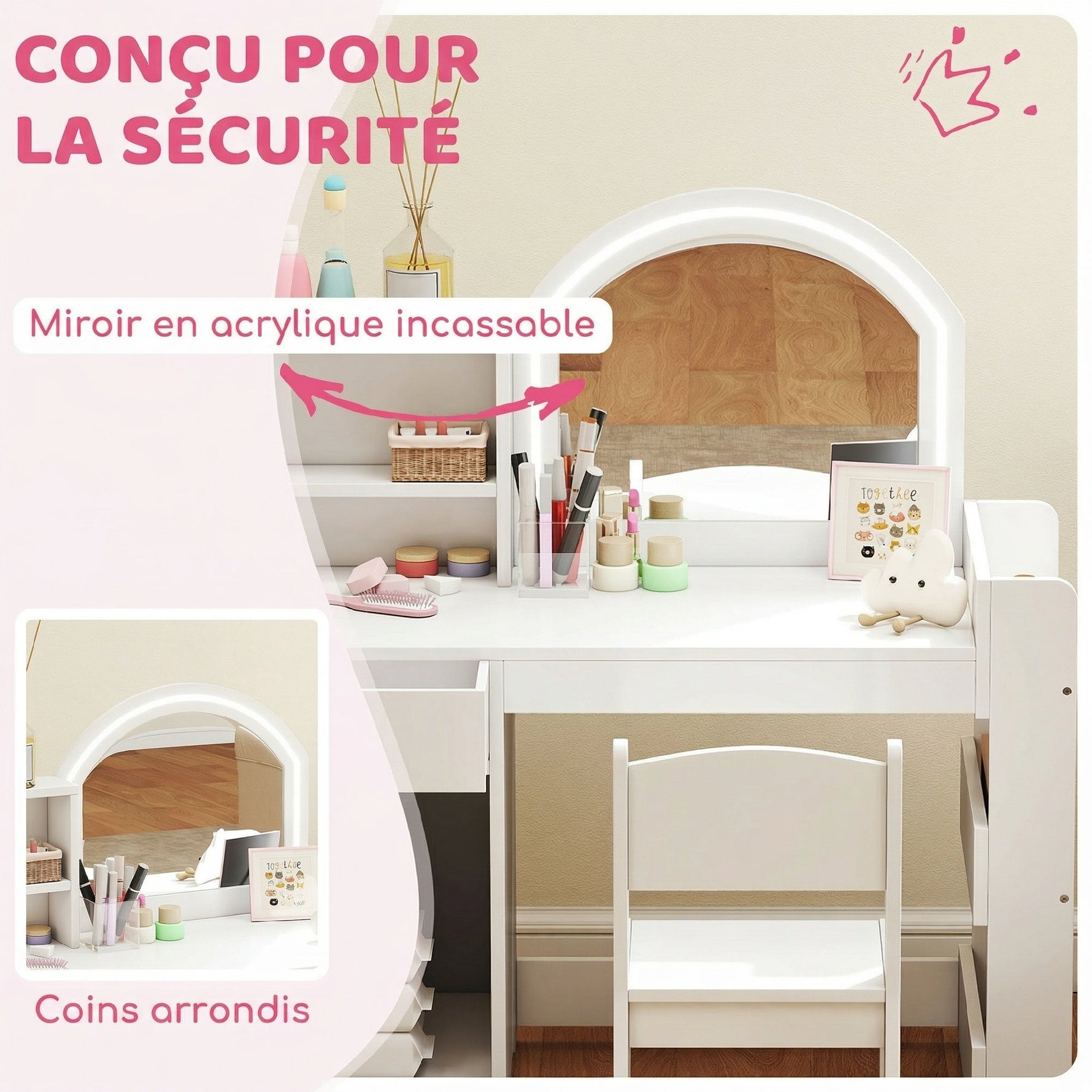 Coiffeuse pour enfants avec tabouret et miroir LED, table de maquillage pour 3 à 8 ans, 88,6 x 38,8 x 96,9 cm, blanc