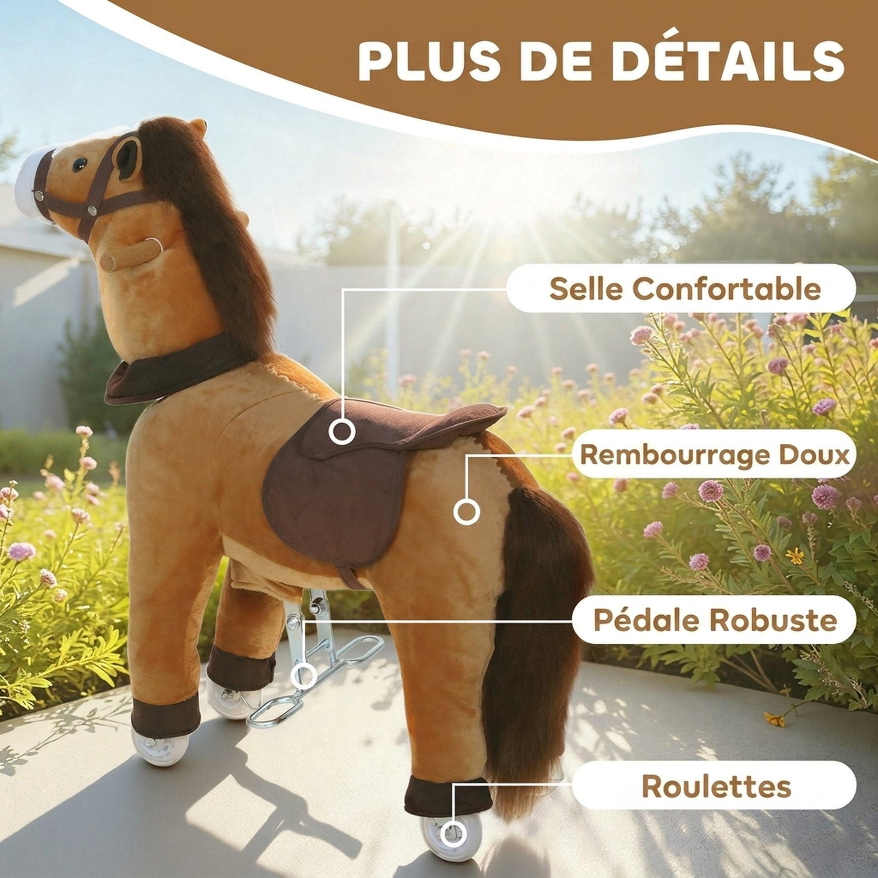 Cheval à Monter pour Enfant, Cheval à Roulettes en Peluche, Poignée, 75 cm de Haut, pour 3 à 5 Ans, Marron