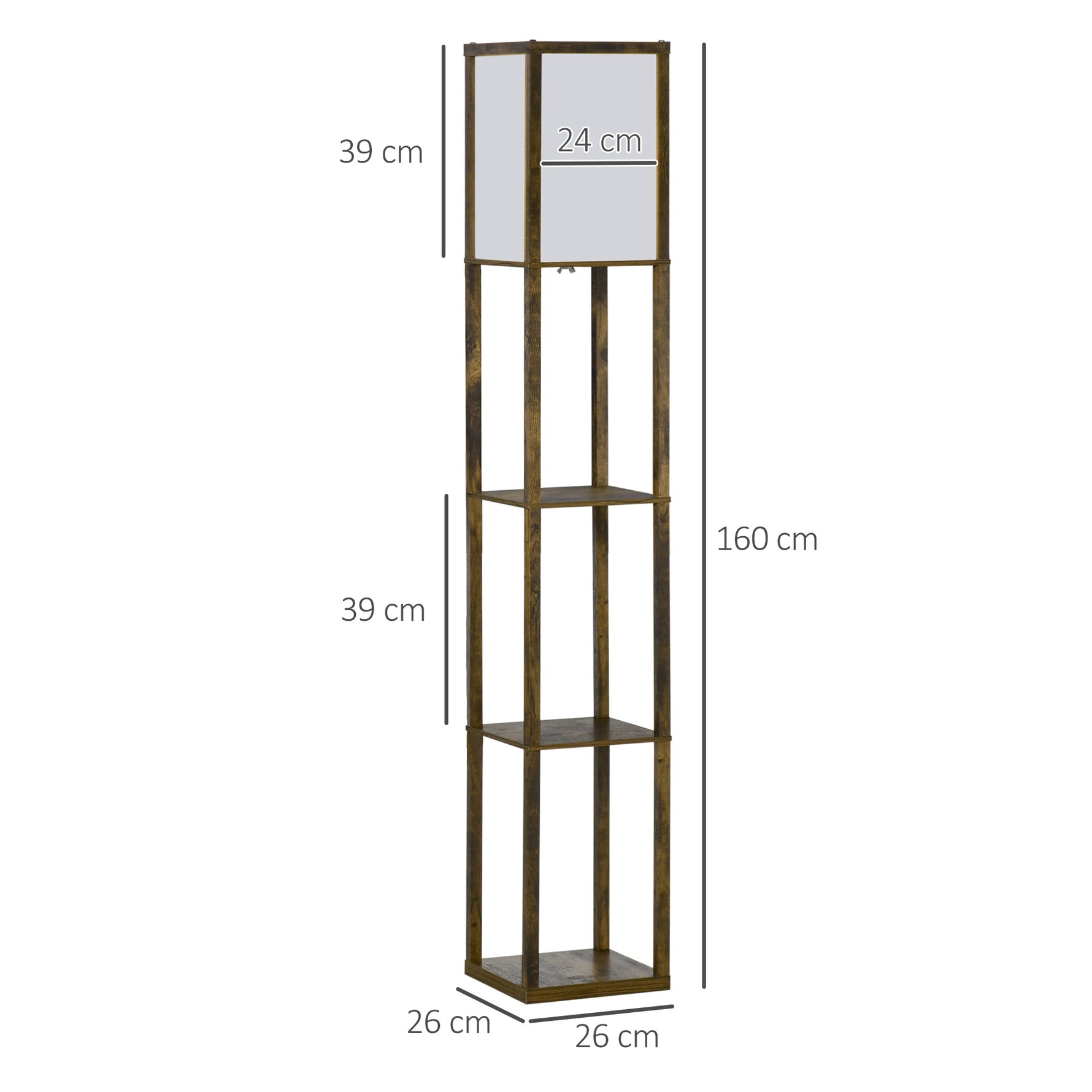 Lampadaire étagère Lampe étagère 26L x 26l x 160H cm 3 étagères 4 Niveaux MDF Blanc et Marron