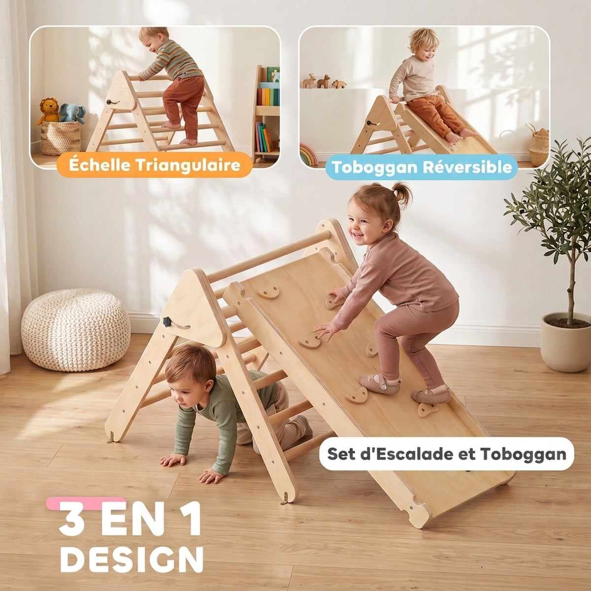Triangle d'escalade, 3 en 1 en bois pour grimper et glisser, charge max. 50 kg, pour 18-48 mois, bois naturel
