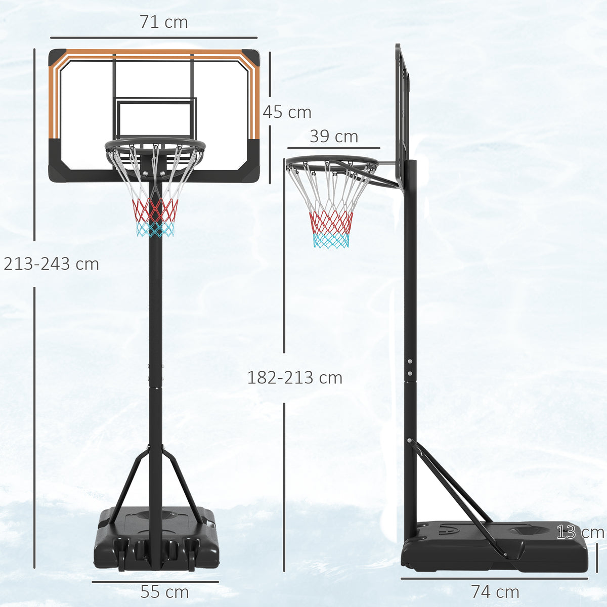 Panier de basket sur pied hauteur réglable 213 - 243 cm avec base de lestage roulettes panneau arrière robuste noir