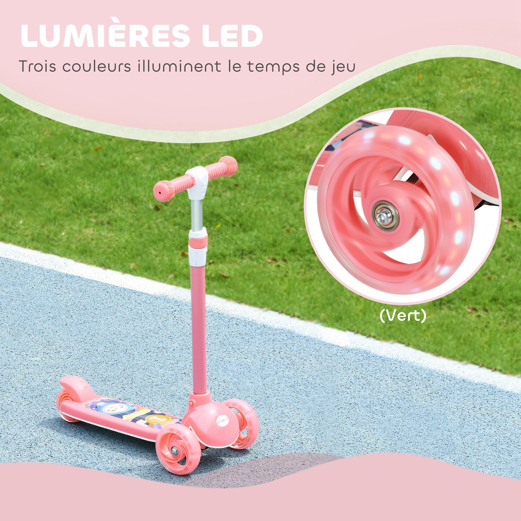 Trottinette enfant 3 Roues Lumineuses LED Hauteur Guidon réglable frein à Friction arrière de 2 à 6 ans Rose