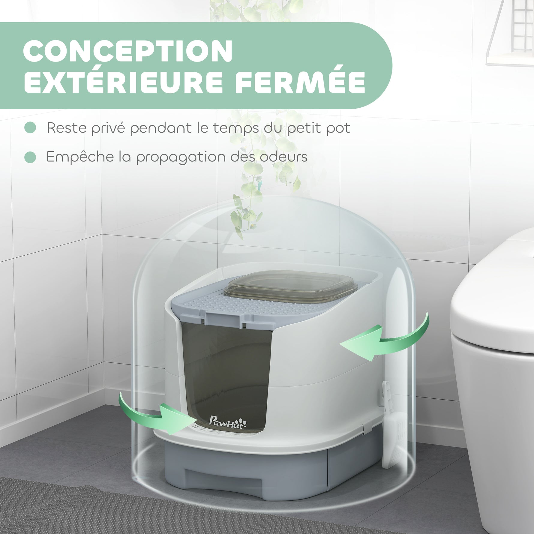 Maison de toilette pour chat bac à litière fermé chat avec porte translucide pelle incluse 40,5 x 52,5 x 42,5 cm gris