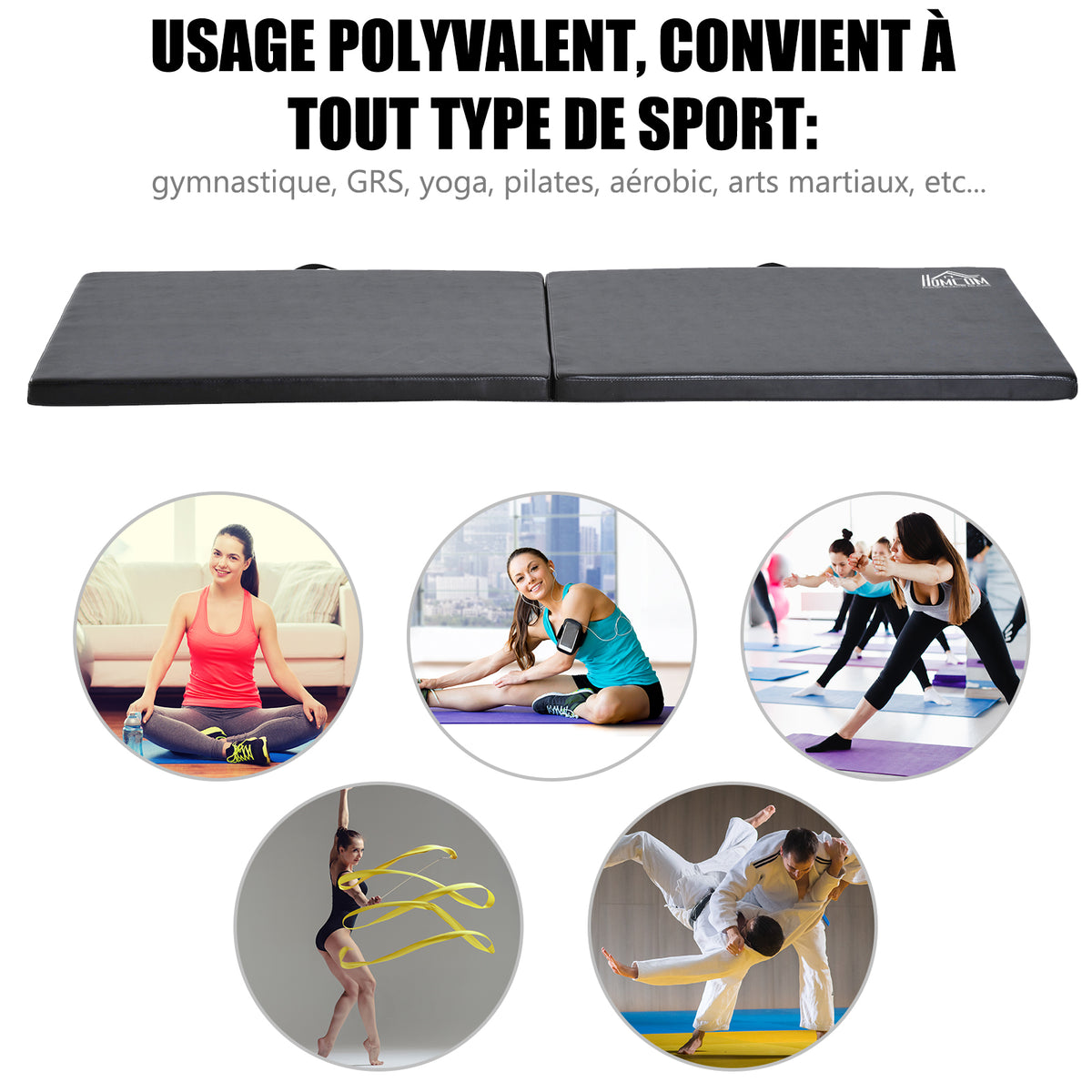 Tapis de gymnastique yoga pilates fitness pliable portable grand confort 180L x 60l x 5H cm revêtement synthétique noir