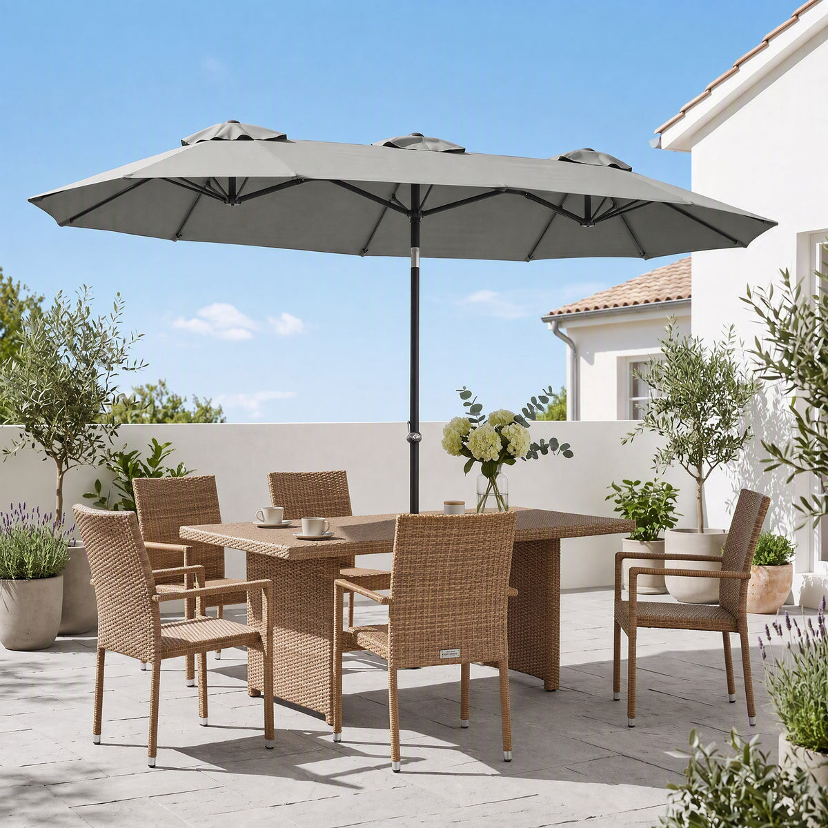 Neigbarer Garten- und Terrassen-Sonnenschirm 3 x 1,5 m, rechteckiger Doppelsonnenschirm mit Kurbel, Polyester 180 g/m², Grau
