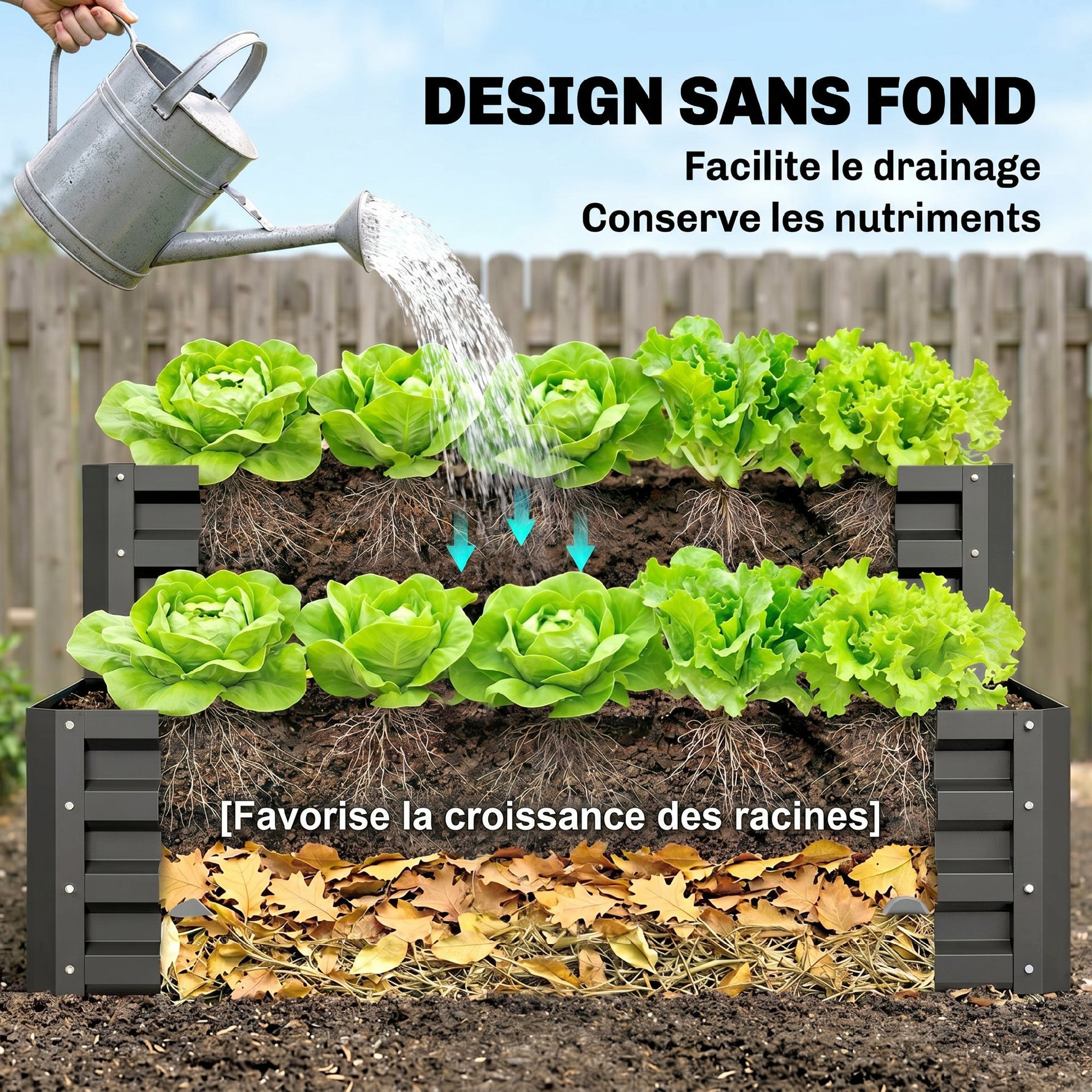 Carré potager de jardin fond ouvert 2 étages pour herbes légumes fruits fleurs 120 x 101 x 58 cm gris foncé