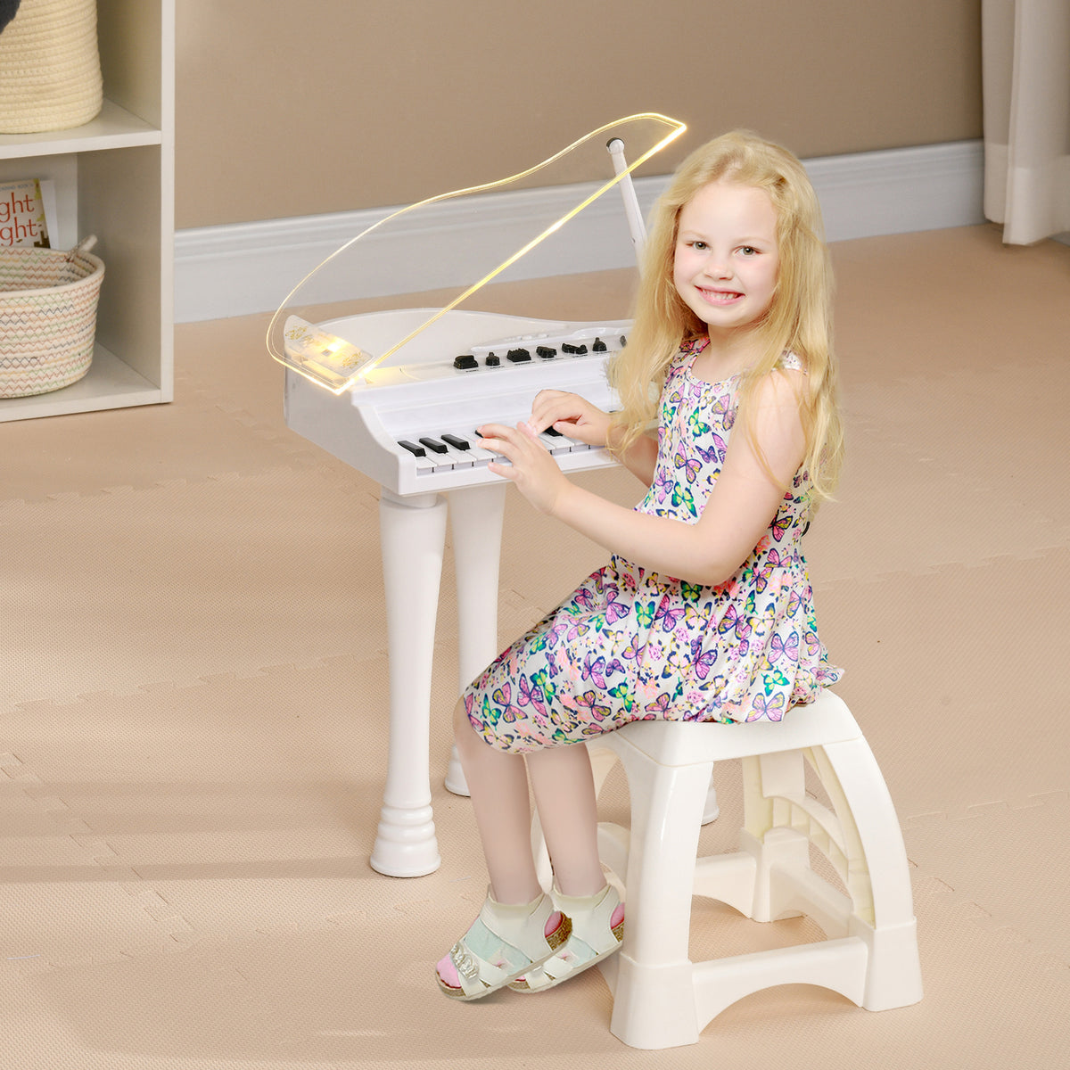 Piano enfant électronique 32 touches multifonctions avec micro haut parleur tabouret couvercle lumineux LED blanc