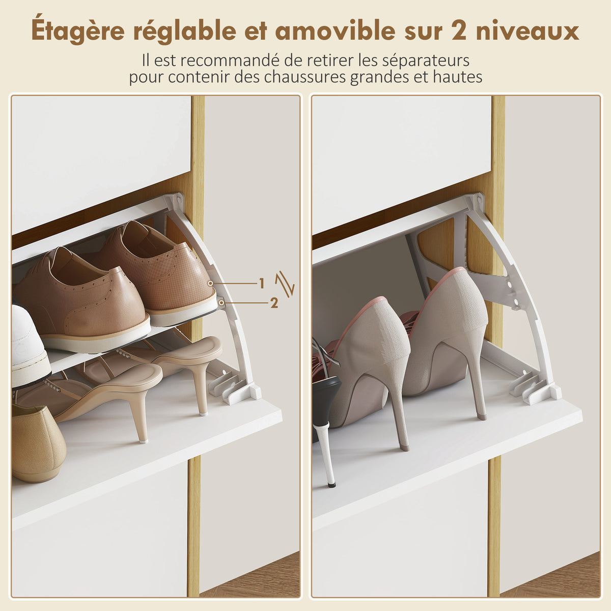 Meuble à chaussures, armoire à chaussures étroite, 3 tiroirs rabattables, porte haute brillante, 60x24x127cm, blanc