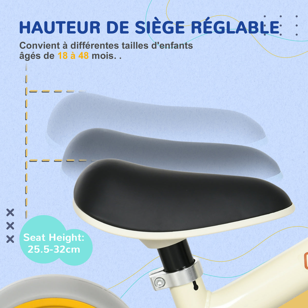 Vélo d'équilibre pour bébé siège réglable roues EVA jouet enfant pour bébé 18-48 mois pour garçons et filles orange