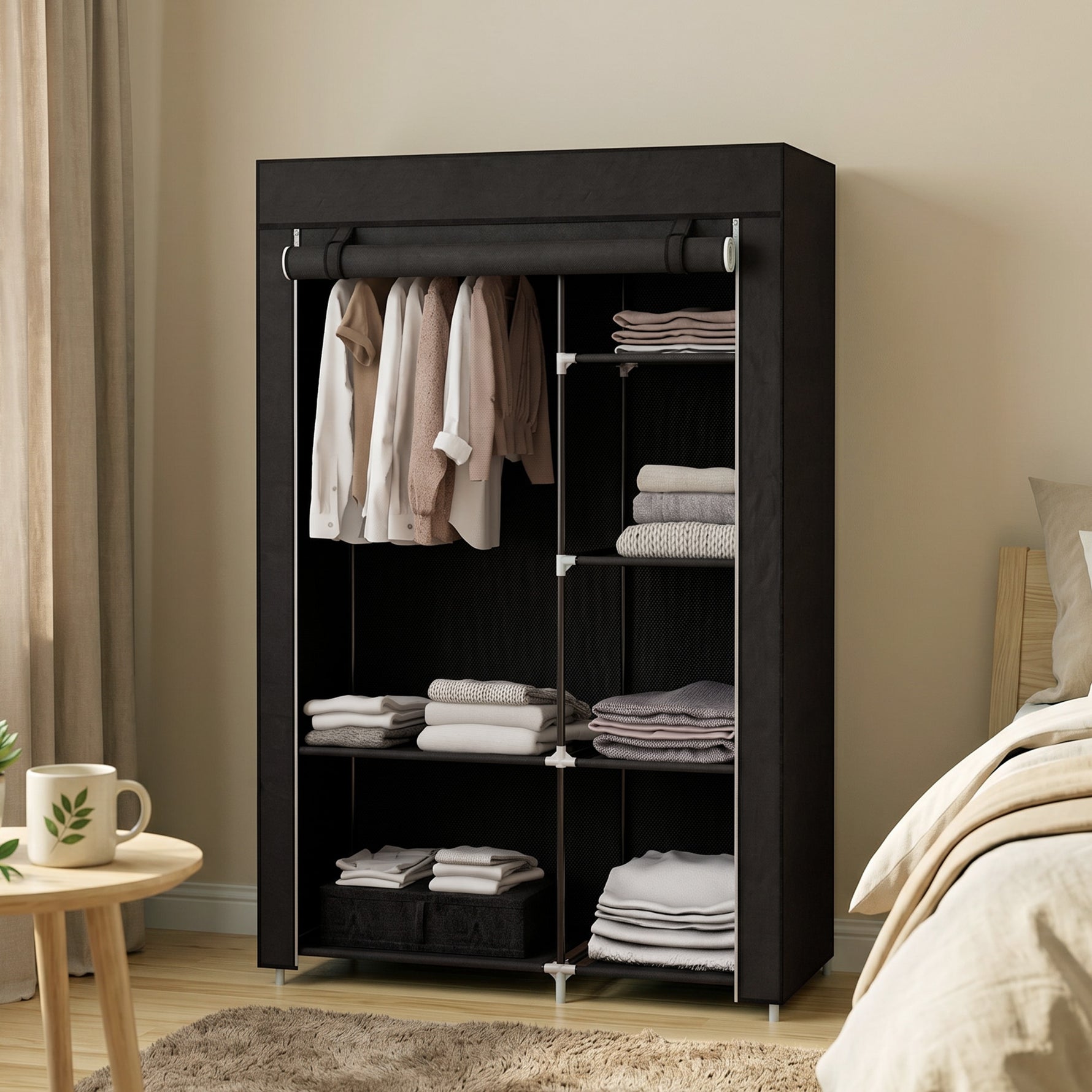 Armoire penderie multi-rangement - 6 étagères, 1 barre - non tissé noir