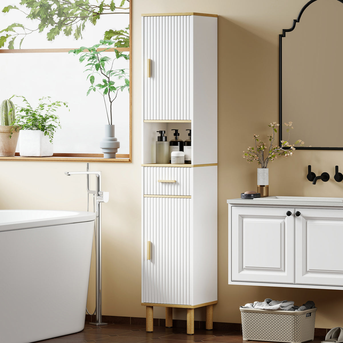 Meuble colonne salle de bain, meuble de rangement étroit avec 2 portes, tiroir, compartiment ouvert, blanc