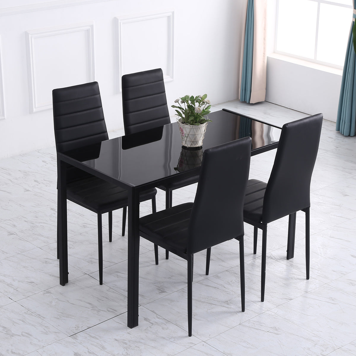 Mesa de comedor para 4 personas, mesa de cocina con tablero de vidrio templado y patas de metal, 120x60x75cm, negro