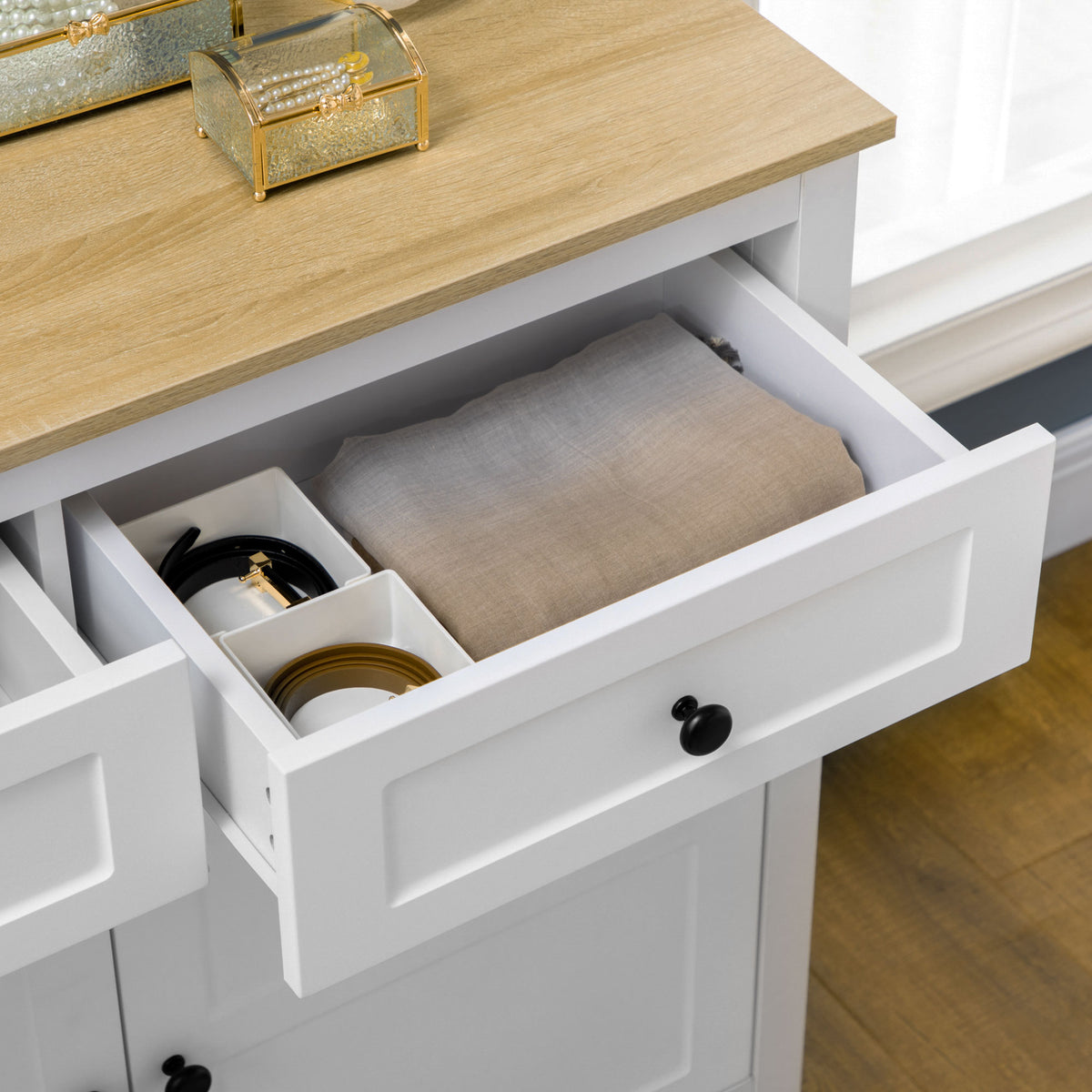 Commode meuble de rangement 2 portes avec étagère réglable en hauteur 2 tiroirs 100 x 40 x 85 cm blanc et aspect bois