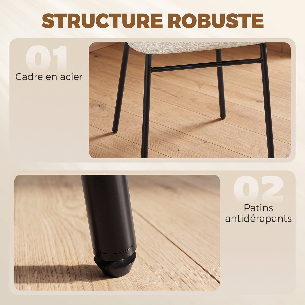 Juego de 2 sillas de comedor con asiento tapizado en tela efecto lino, patas de acero estable, diseño moderno, color crema
