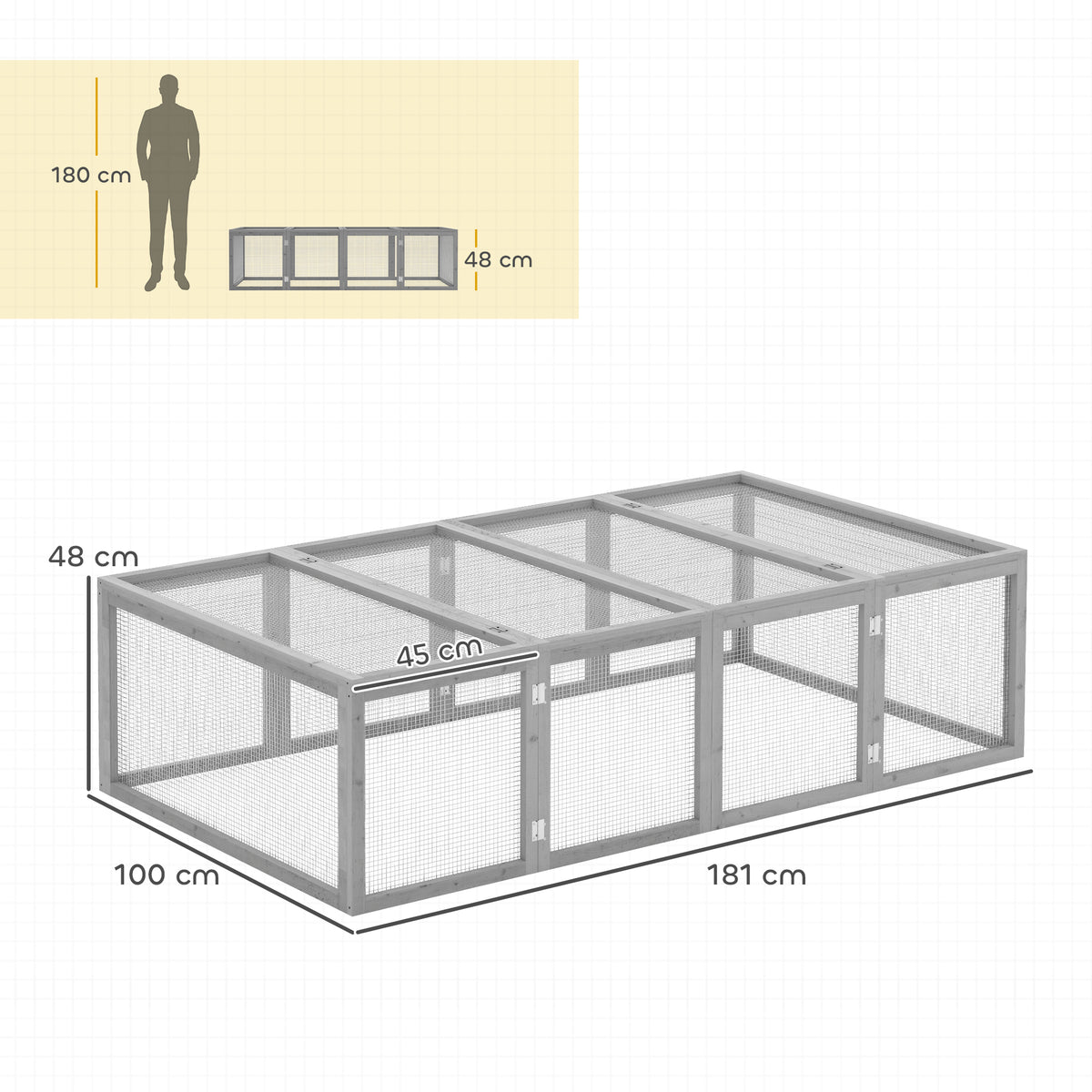 Clapier cage à lapins extérieur intérieur 2 portes supérieures 181L x 100l x 48H cm bois massif gris