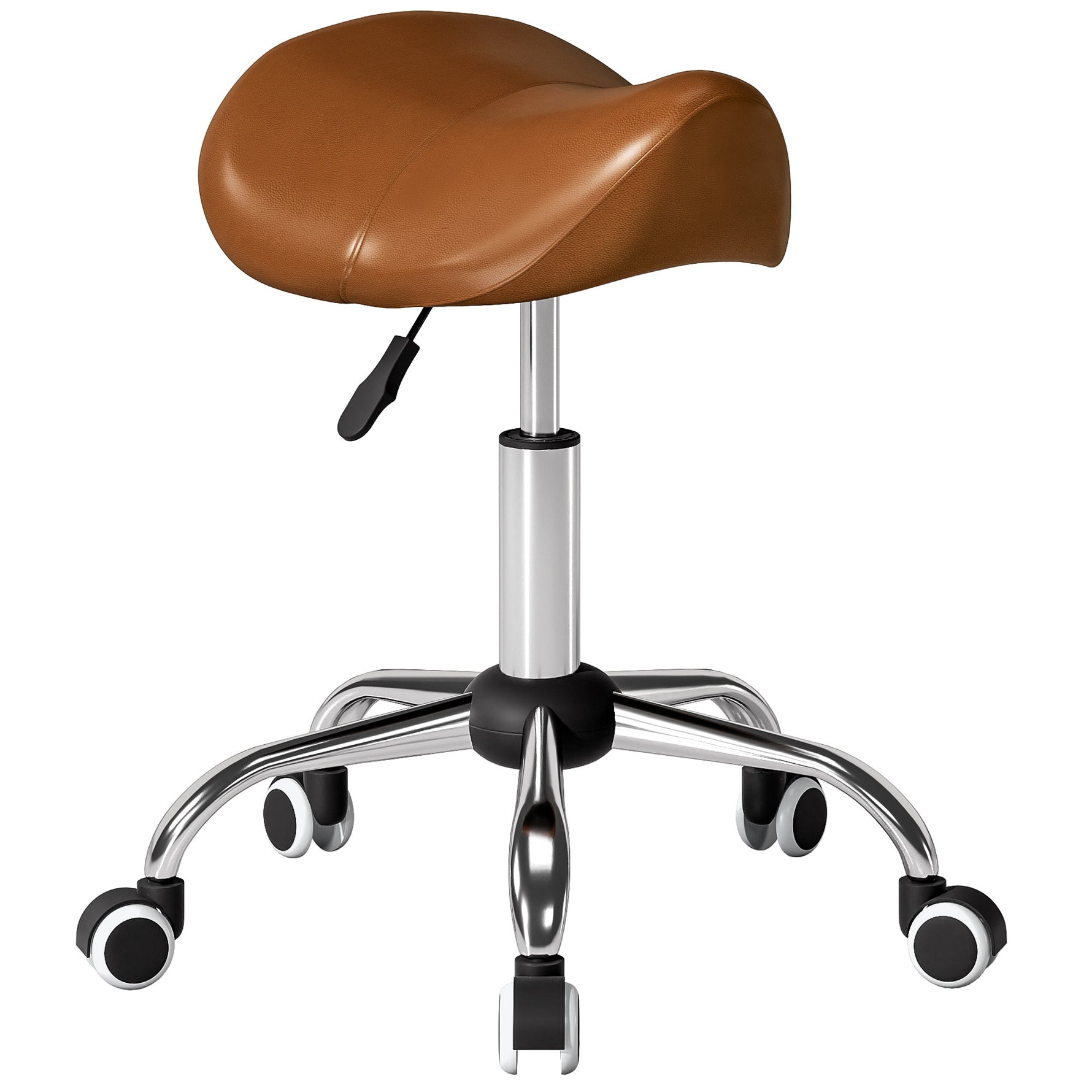 Tabouret à roulettes, chaise de travail avec hauteur réglable 49-61 cm et selle ergonomique, 52x53x49-61cm, marron
