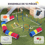 Équipement d'Agilité pour Chien 12 Pièces, 4 Tunnels, Sauts Ajustables, Anneau, Slaloms, 357x65x68cm, Multicolore