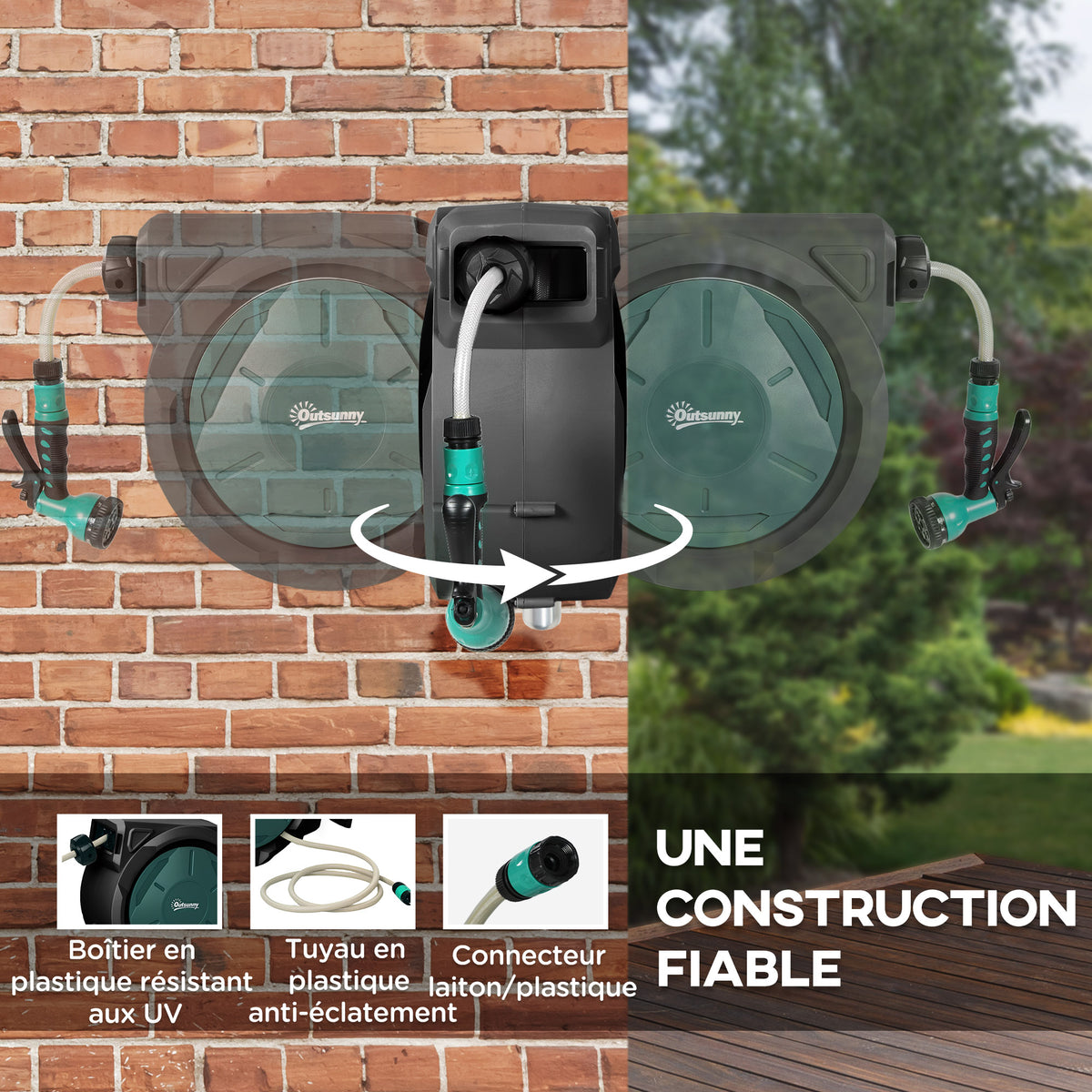 Enrouleur Tuyau Arrosage Mural 30 m x Ø 15 mm Dévidoir Automatique de Tuyaux d'Eau Rétractable Automatique vert