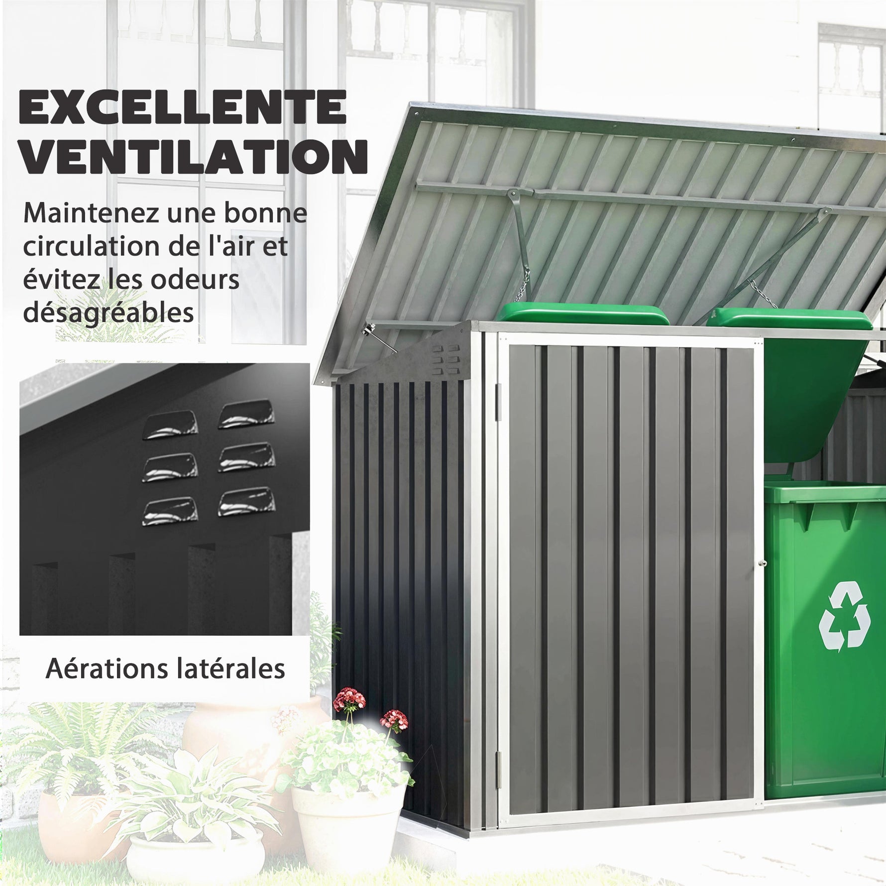 Cache Poubelle Double Abri de Jardin 2 Poubelles de 240L Couvercle Lié par Chaînes Vérins à Gaz 179,5x108x129,5cm Gris