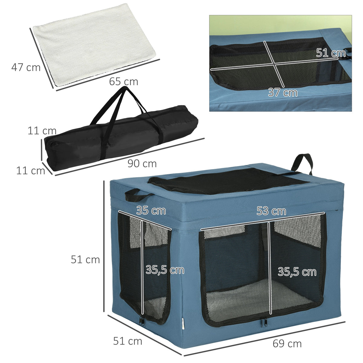 Sac de transport pliable pour animaux de compagnie avec poignée tissu en maille 69 x 51 x 51 cm bleu noir