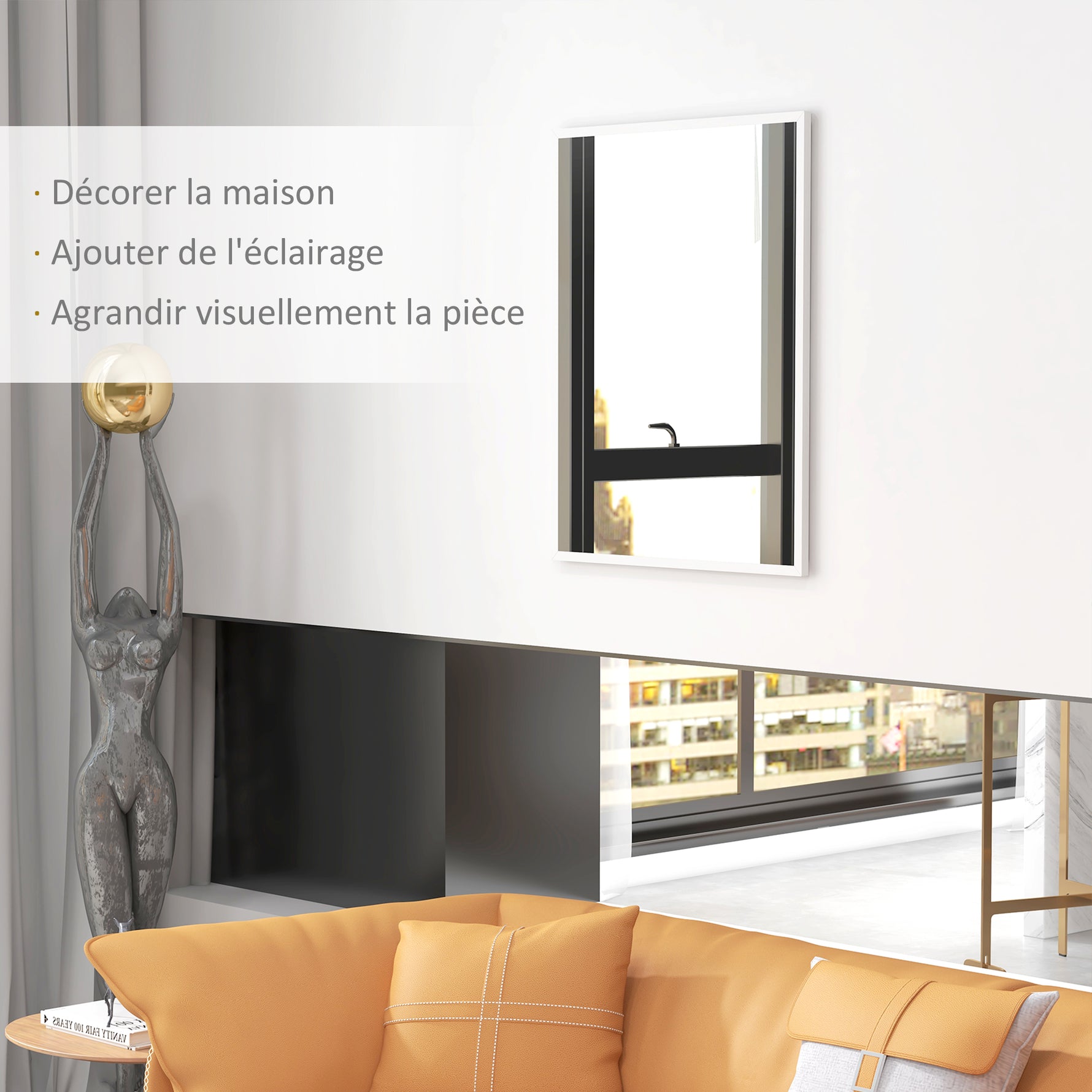 Miroir mural rectangulaire 90 x 70 cm, cadre en bois blanc, idéal pour la salle de bain, salon ou chambre