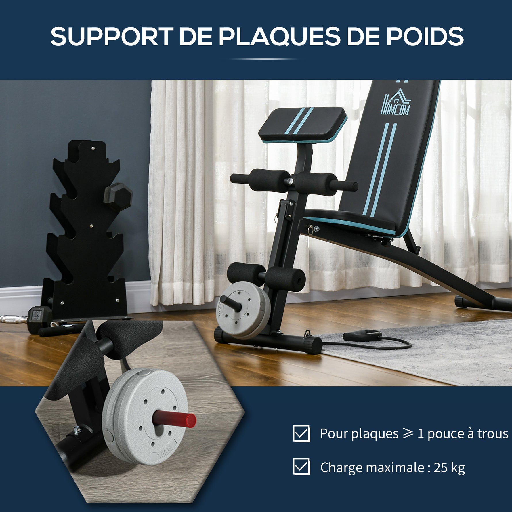 Banc de musculation pliable inclinable, banc réglable avec extenseur des jambes, acier, 54 x 160 x 106 cm, noir bleu