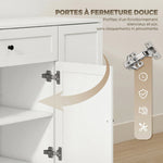Buffet cuisine, meuble de rangement avec tiroir, 4 portes à fermeture douce, racks-porte et étagères réglables, blanc