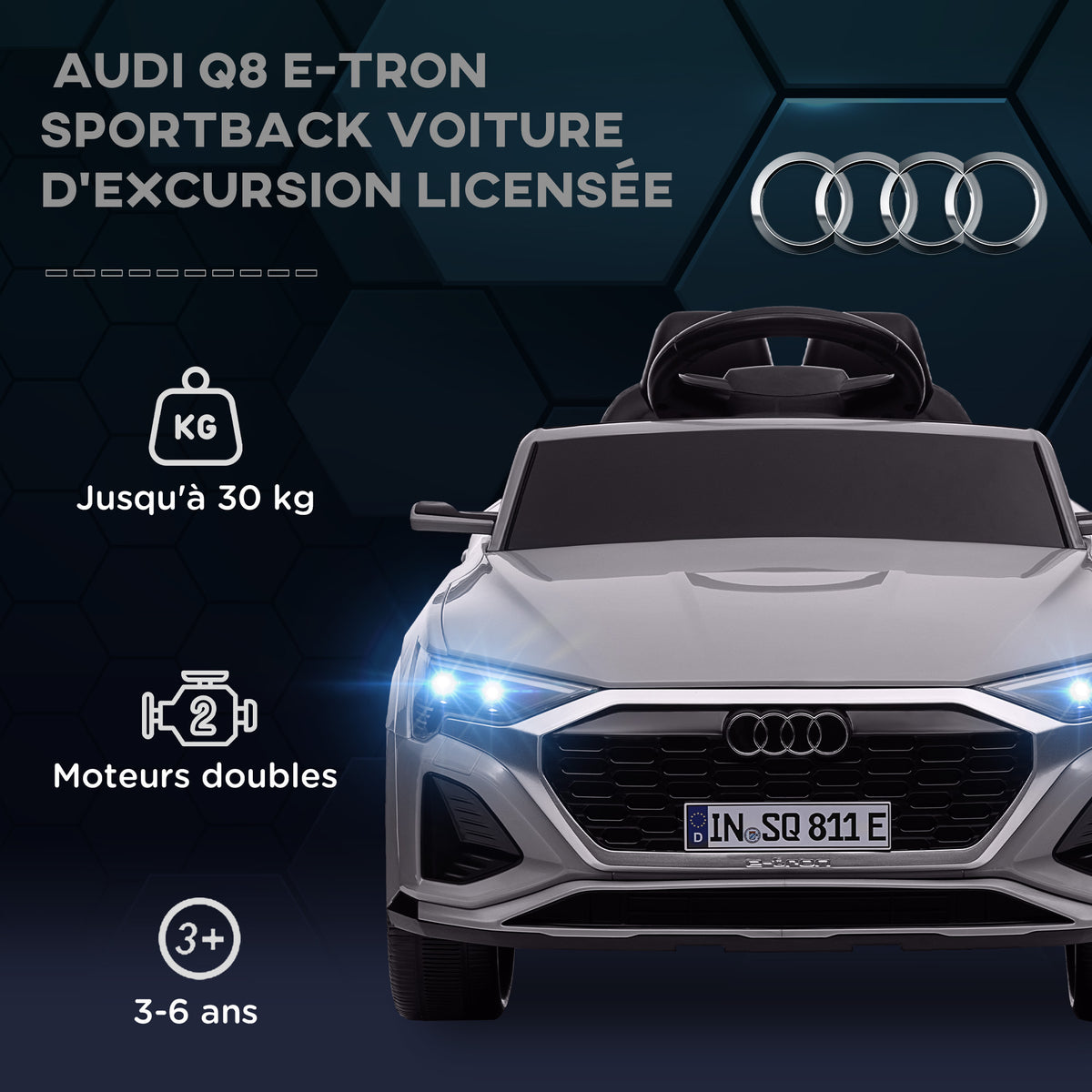 Voiture électrique pour enfants Licence Audi Q8 e-tron Sportback 12V télécommande, phares, musique, klaxon, 3-4 ans Gris