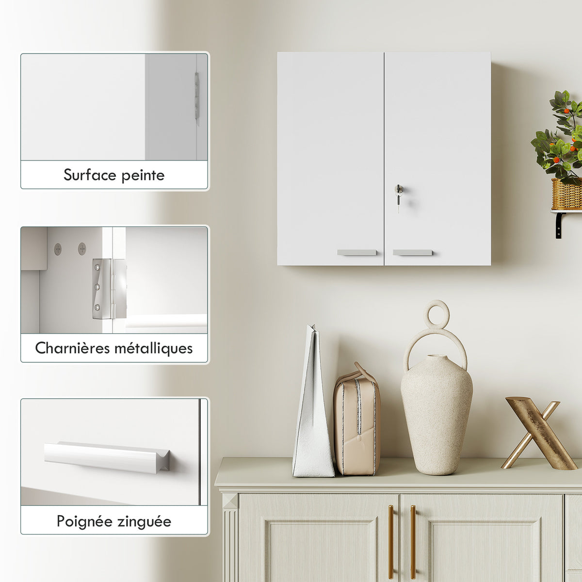 Wall-mounted medicine cabinet, medicine chest with lockable double door, 2 keys, 53x20x53cm, white