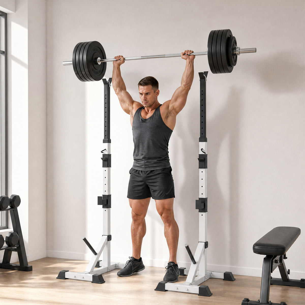 Verstelbaar Stalen Squat Rack, belastbaarheid 200 kg, houder voor 3 halterstangen met haken, 58,5x75,5x136-176 cm, zilver