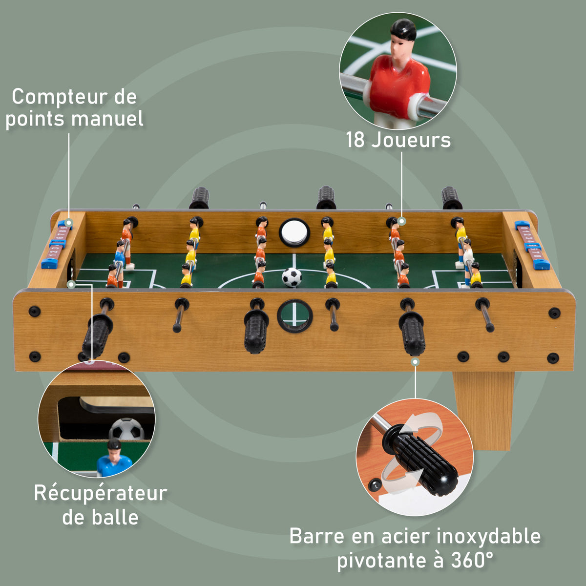 Table baby-foot pour enfants à partir de 6 ans 2 ballons 18 joueurs 69 x 37 x 24 cm