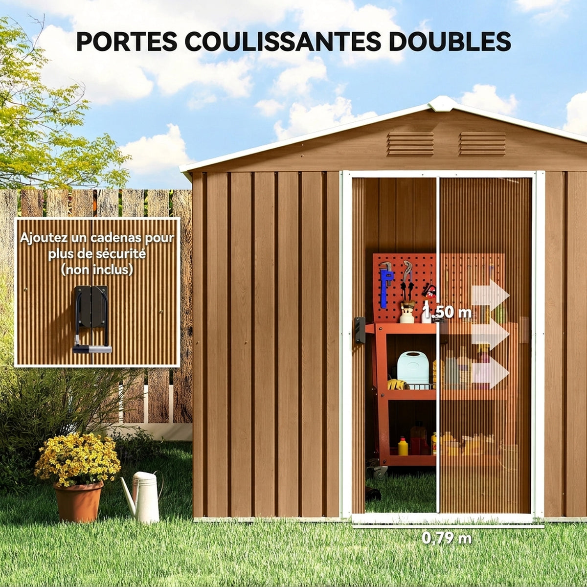 Stalen tuinhuis 3,6 m² schuin dak 4 ventilatieopeningen afsluitbare schuifdeuren 236x171x191 cm, donkerbruin