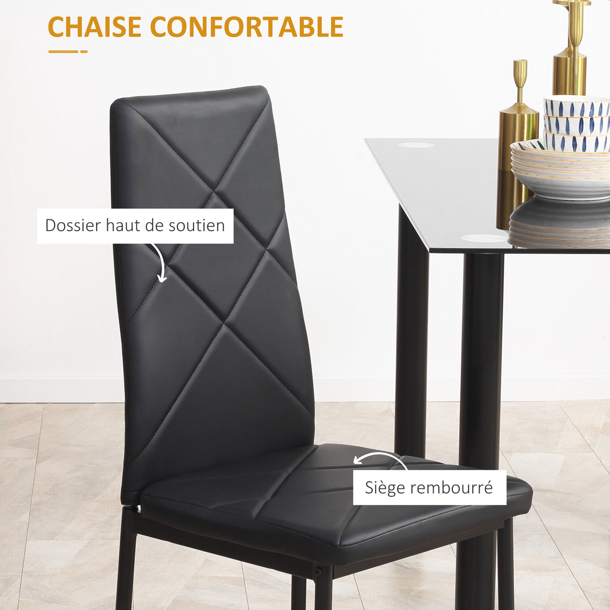 Dining table set with 4 chairs, tempered glass top, steel legs, for kitchen, living room, black