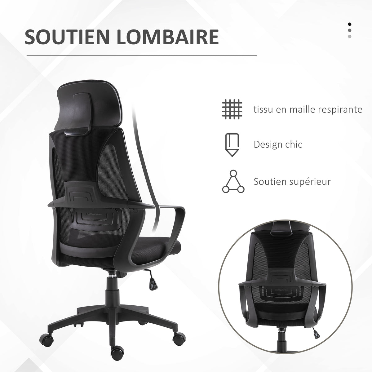 Chaise bureau ergonomique, fauteuil de bureau en maille, appui-tête, hauteur réglable, 64 x 55 x 116-126 cm, noir