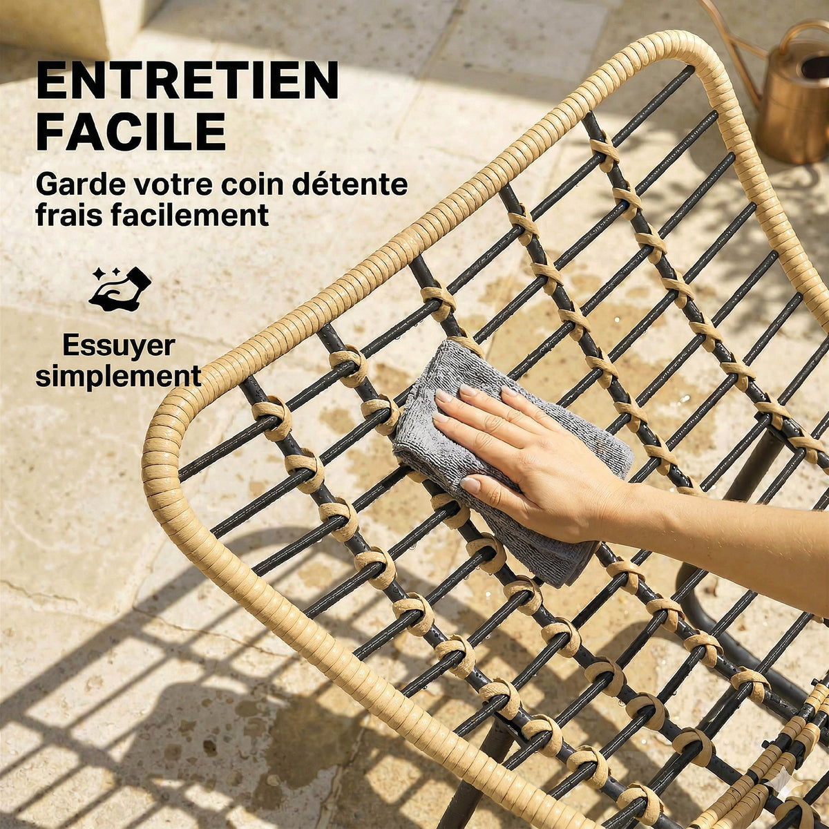 Fauteuil à bascule de jardin pour intérieur et extérieur, rocking chair en résine tressée avec coussin moelleux, gris