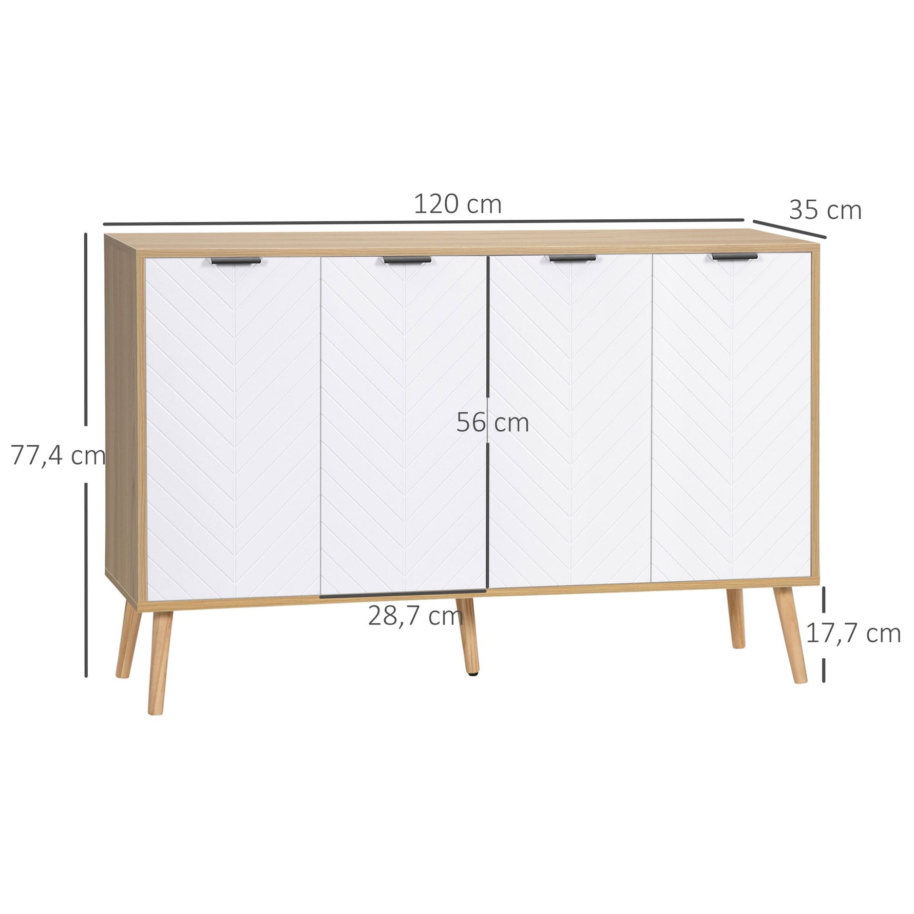 Buffet bas meuble de rangement 2 placards 4 portes motif chevrons étagères réglables 120 x 35 x 77,4 cm blanc