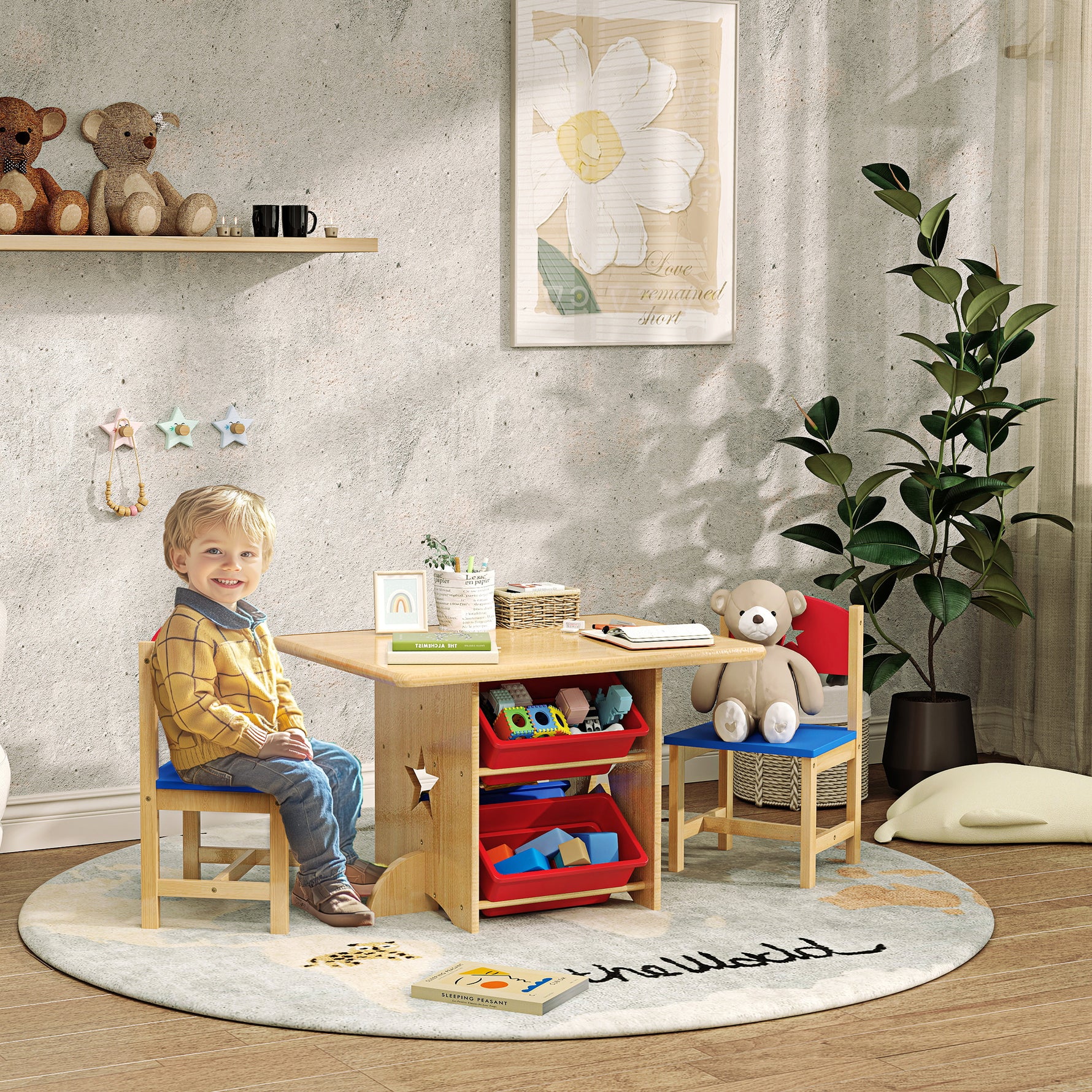 Table enfant avec 2 chaises ensemble table et chaises enfants 3 pièces en bois avec 4 bacs de rangement bois naturel