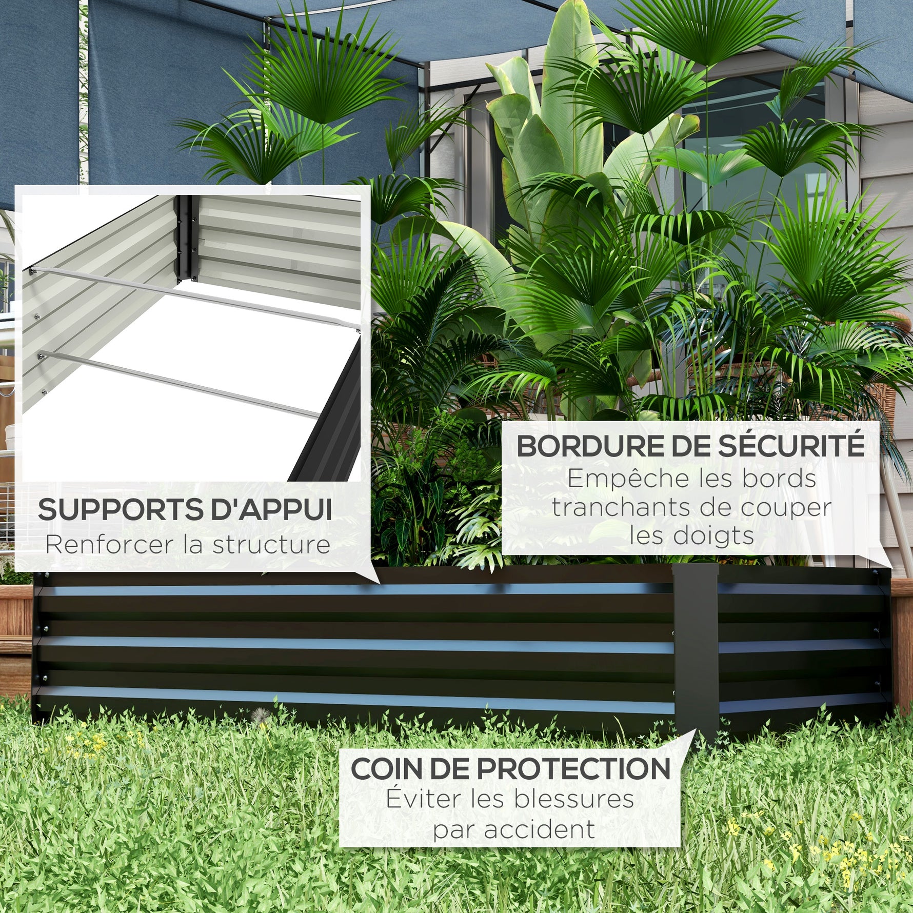 Jardinière rectangulaire potager de jardin bac à fleurs en acier avec bordure de sécurité et fond ouvert noir
