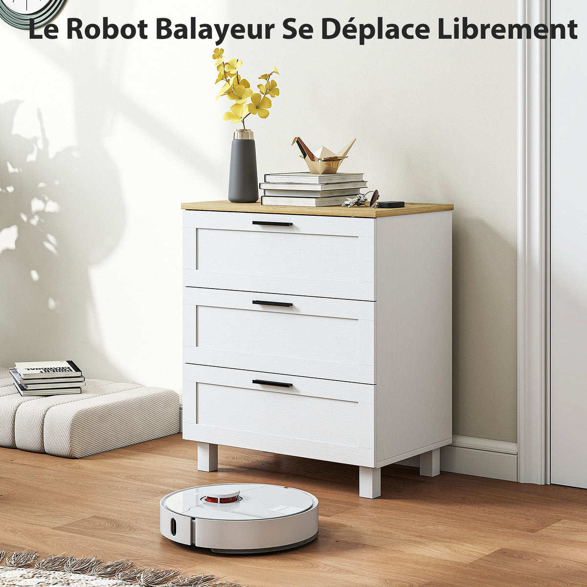 3-drawer dresser, modern storage unit with solid wood legs and wood-effect top, 60 x 38 x 71 cm, white