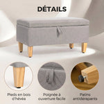 Banc de rangement, bout de lit, repose-pieds rembourré en lin avec pieds en bois de caoutchouc, 71x37x36cm, gris clair