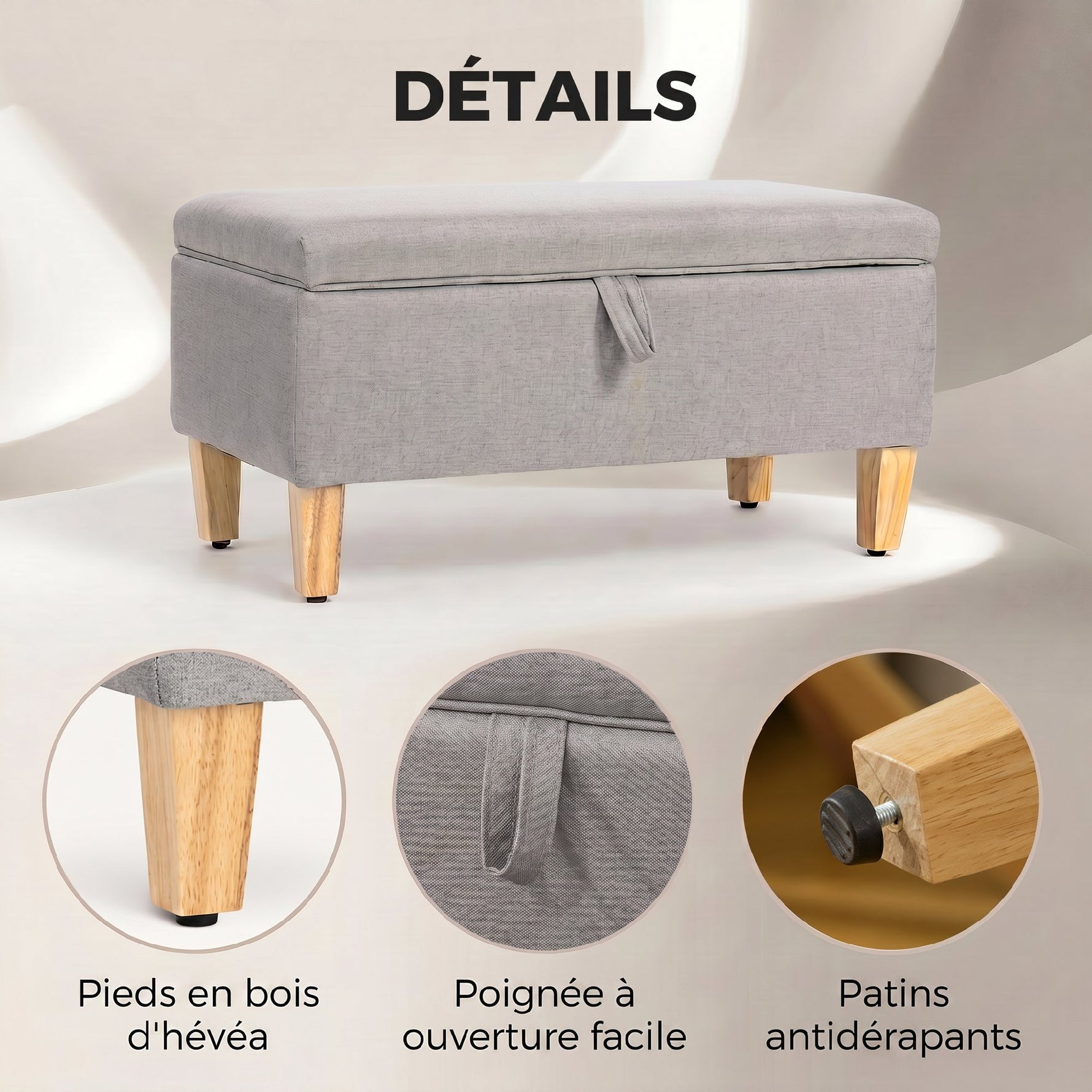 Banc de rangement, bout de lit, repose-pieds rembourré en lin avec pieds en bois de caoutchouc, 71x37x36cm, gris clair