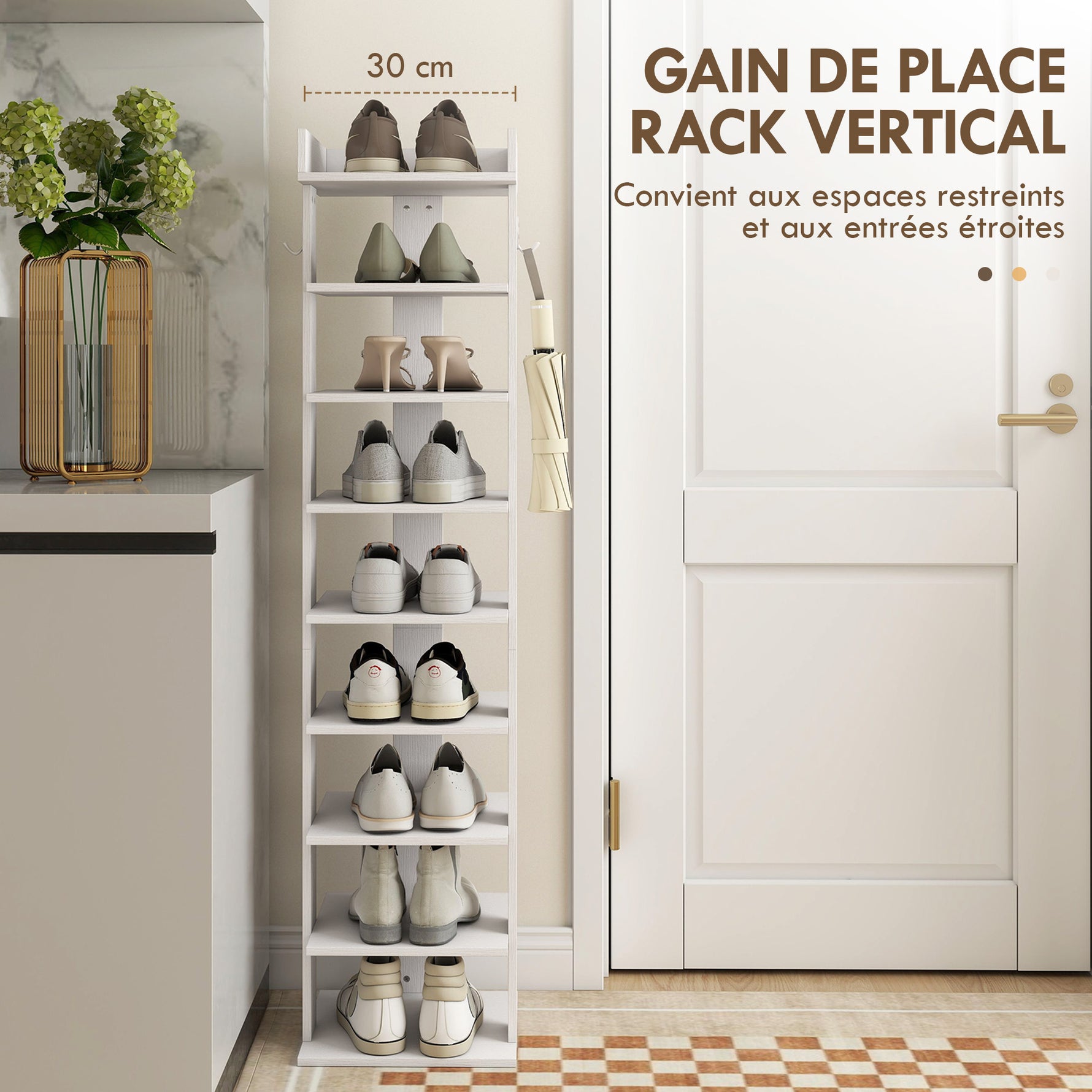 Étagère chaussure à 9 niveaux, range-chaussure jusqu'à 9 paires avec plateau supérieur, 2 crochets, 30x30x128,4cm, blanc