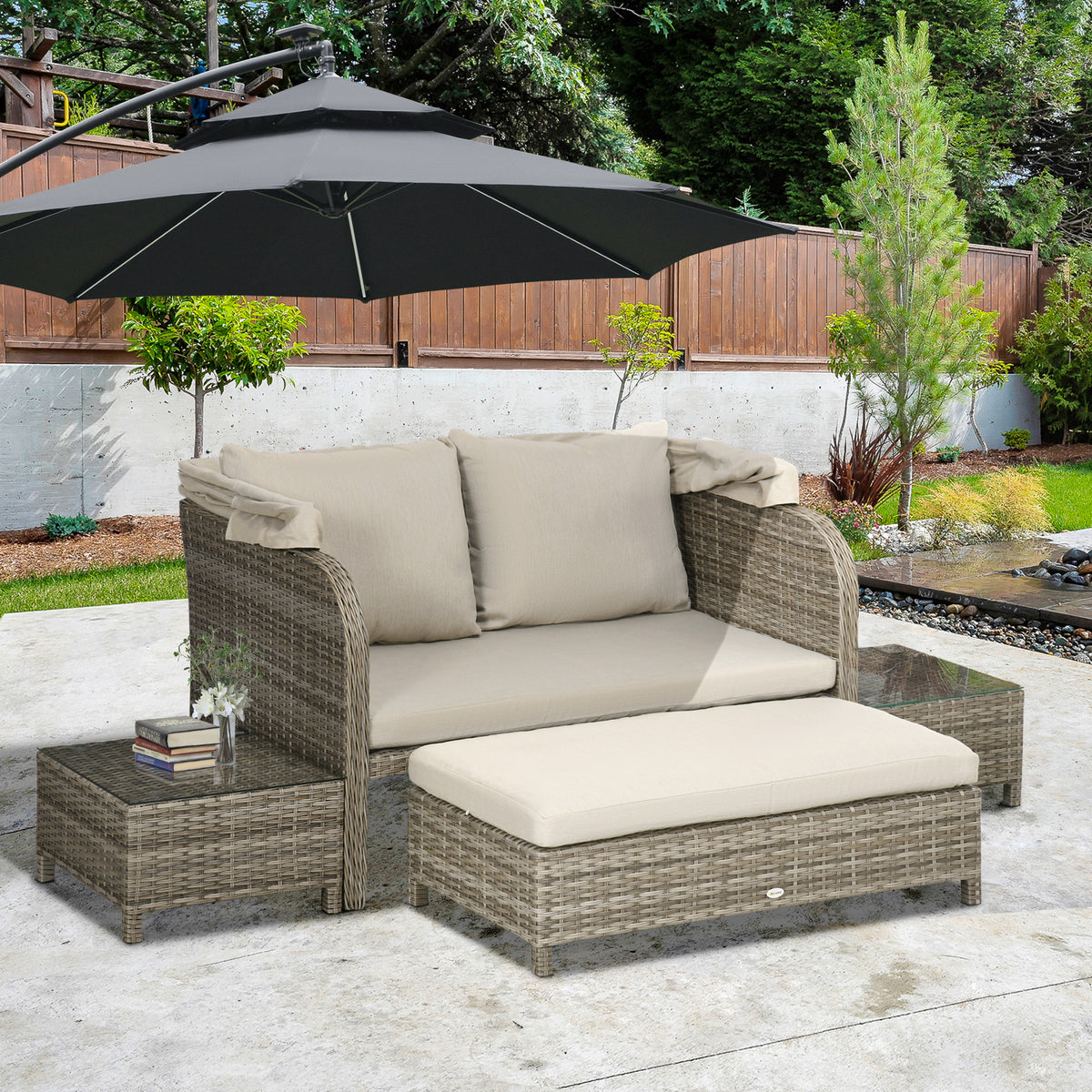 Conjunto de jardín de 4 piezas: sofá de 2 plazas + 1 reposapiés + 2 mesas de centro con cojines beige marrón