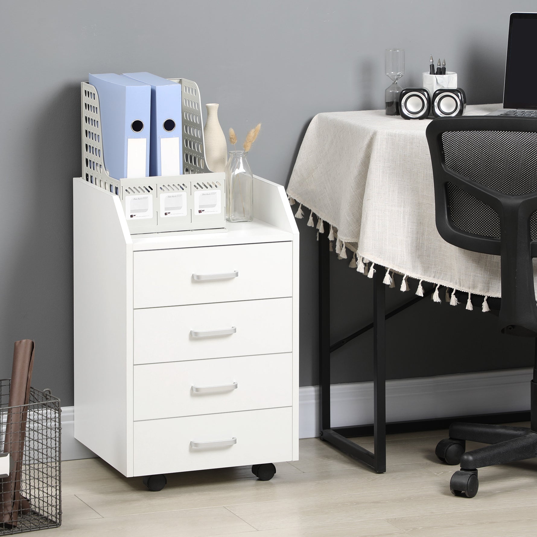 Caisson de bureau rangement sur roulettes 4 tiroirs coulissants MDF et panneaux de particules dim. 40L x 36l x 65H cm blanc